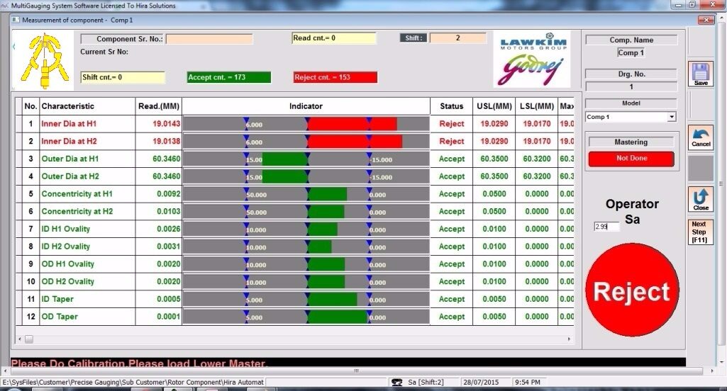 PC based multigauging software showing a rejected part